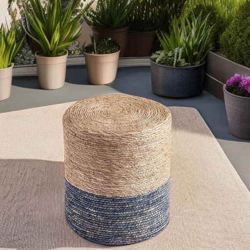 Wimarsbon Natural Seagrass Foot Stool, Hand Weaving Round Ottoman, for Living Room, Outdoor Seat (Natural & Blue)