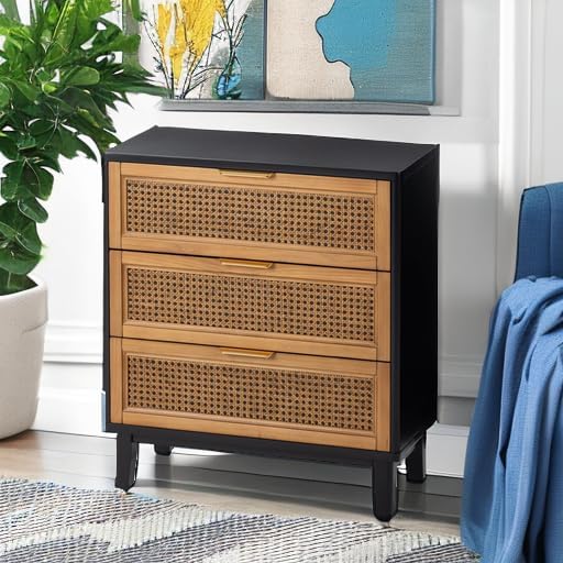 COZAYH Farmhouse 3-Drawer Nightstand, Set of 2 Woven Cane Front Accent Dresser with Brass Pull, Fully-Assembled, Black