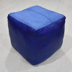 Square Shaped Goat Leather Handmade Eco-Friendly Blue Pouf - 16" x 16" x 16", Plain Solid, Recycled Foam With Fibre Fill Stuffed, Seating PF12