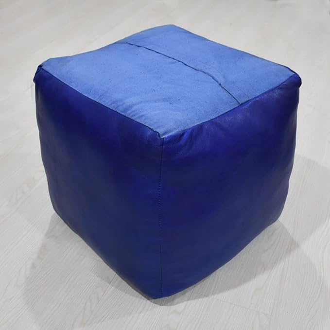 Square Shaped Goat Leather Handmade Eco-Friendly Blue Pouf - 16" x 16" x 16", Plain Solid, Recycled Foam With Fibre Fill Stuffed, Seating PF12