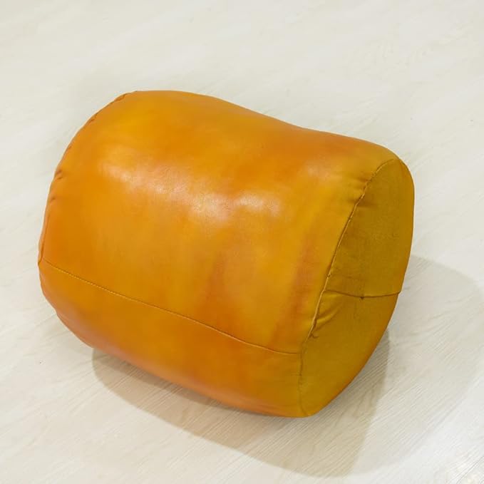PF12: Round Shaped Goat Leather Handmade Eco-Friendly Mustard Pouf - 16" x 16" x 16", Plain Solid, Recycled Foam with Fibre Fill Stuffed Seating Pouf