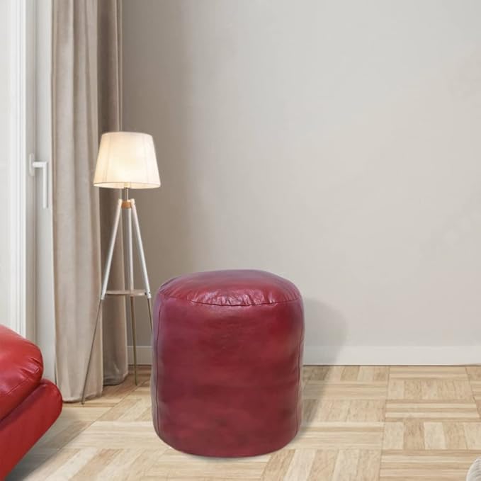 Round Shaped Goat Leather Handmade Eco-Friendly Dark Pink Pouf - 18" x 18" x 18", Plain Solid, Recycled Foam With Fibre Fill Stuffed, PF12