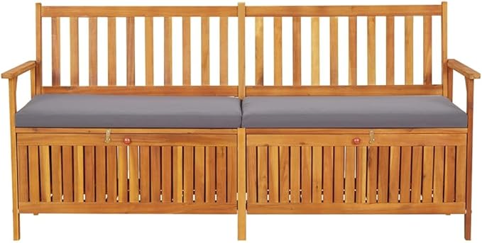 vidaXL Acacia Wood Outdoor Storage Bench Deck Box with Cushion - Solid Wood Patio Furniture, Brown/Dark Gray, 66.9"x24.8"x33.1"
