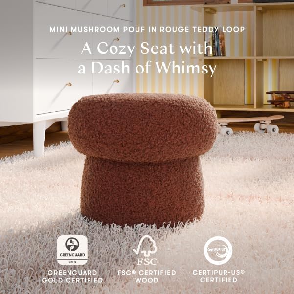 Babyletto Kids Mini Mushroom Pouf - Ottoman Foot Rest - Poofy Plush, Round Footrest Stool for Couch - GREENGUARD Certified Soft & Stuffed, Comfy Small Pouf Ottoman for Living Room/Nursery Floor, Rouge