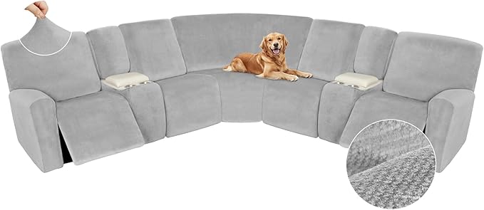 Arfntevss Sectional Recliner Couch Covers Velvet Washable Corner Sectional Sofa Cover for Reclining Couch Stretch Soft Thick L Shape Recliner Slipcover Set (5 Seat with 2 Console Cover, Silvery Gray)
