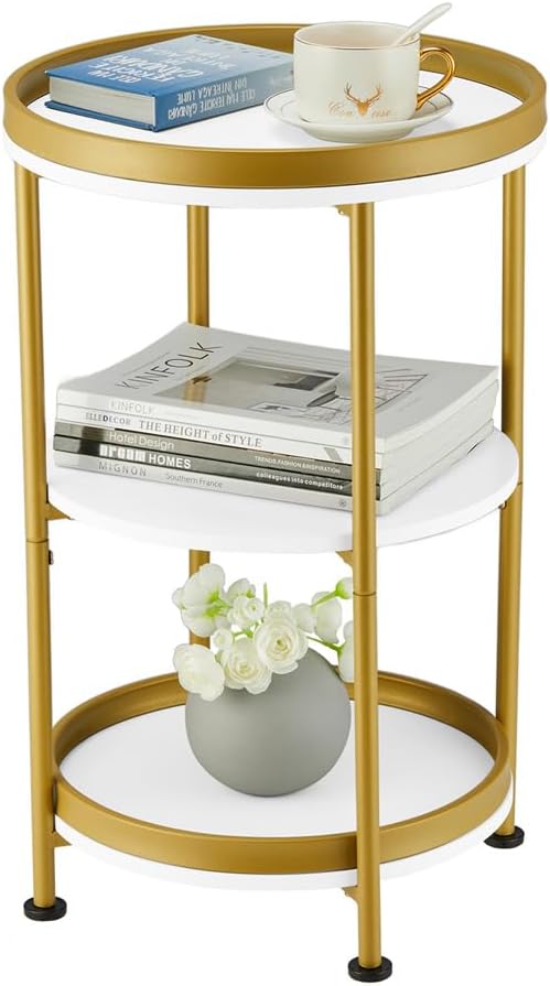 Dulcii Round Side Table with Storage Tray for Living Room, 15" L x 15" W x 24" H Bedroom Nightstand 3 Tiers Bedside Table with Steel Frame for Small Spaces (White & Gold)