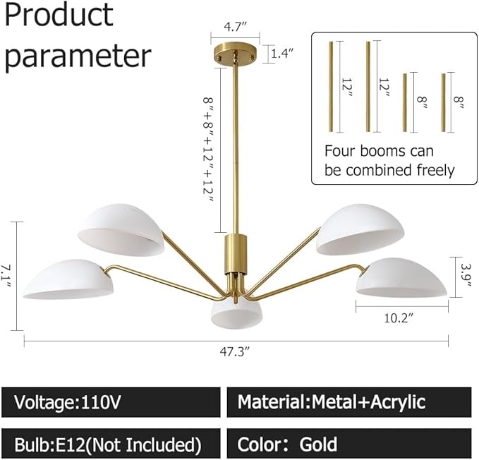 Modern 5-Light Luxury Elbow Chandelier Metal Acrylic Living Room Bedroom Dining Room Creative Adjustable Height Ceiling Light, Universal Wheel Suitable for Inclined Ceiling Installation