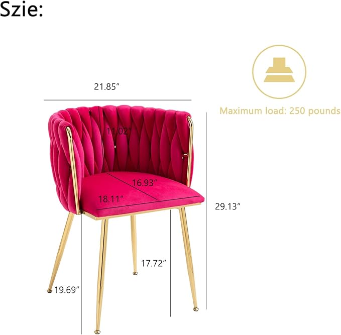 Nrizc Woven Dining Chairs Set of 4, Velvet Upholstered Dining Chairs with Gold Metal Legs, Modern Accent Chairs for Living Room, Dining Room, Kitchen (Rose Red)