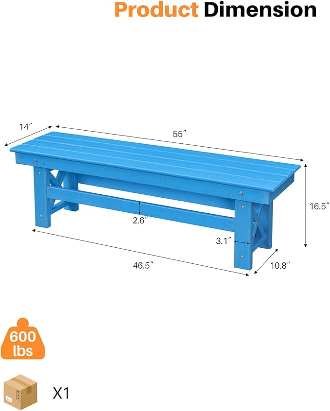 HDPE Outdoor Bench, 55" Patio Bench Outdoor Furniture, Poly Lumber Adirondack Benches, All Weather HDPE Patio Garden Backless Benches for Park, Poolside, Deck, Porch, Sky Blue