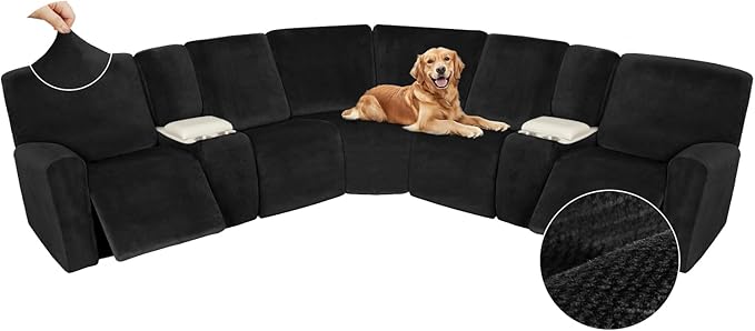 Arfntevss Sectional Recliner Couch Covers Velvet Washable Corner Sectional Sofa Cover for Reclining Couch Stretch Soft Thick L Shape Recliner Slipcover Set (5 Seat with 2 Console Cover, Black)