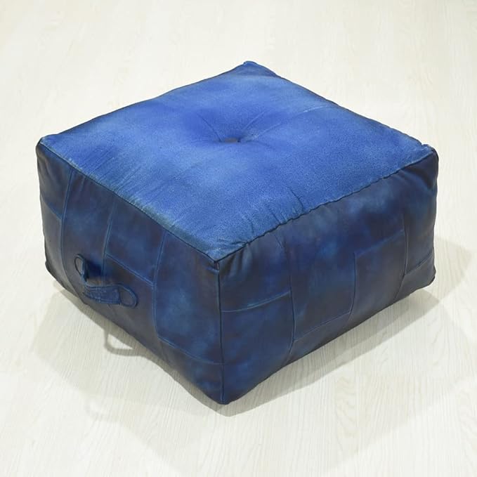 Square Shaped Buffalo Leather Handmade Eco-Friendly Vintage Blue Pouf-Square Pouf, 21"x21"x12", Geometric Pouf, Buffalo Leather Pouf, Recycled Foam with Fibre Fill Stuffed Pouf, Seating Pouf PF25