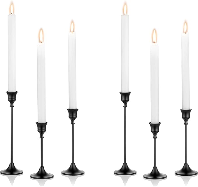 Nuptio Black Candle Holder Candlestick Holders Candle Sticks Holder Tapered Candle Holder Gothic Taper Candle Holders for Halloween Christmas Party Mantel Dinner Home Decoration 2 Sets(6 Pcs)