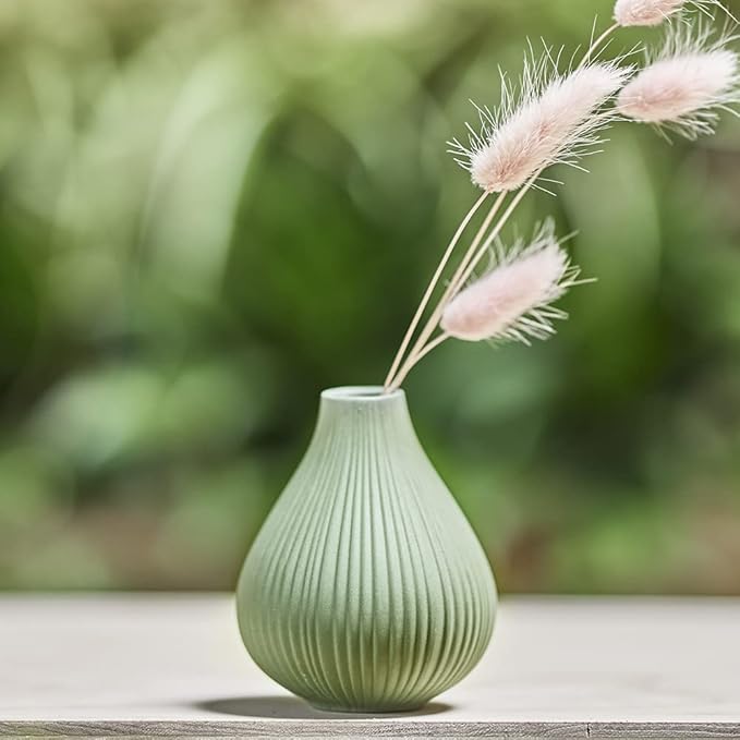 Chive ‘Frost’ Ceramic Flower Vase — Set of 6 Beautiful Small Bud Vases for Flowers & House Plants — Perfect Shelf Centerpieces and Living Room Decor — Olive Green
