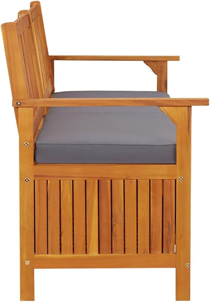 vidaXL Acacia Wood Outdoor Storage Bench Deck Box with Cushion - Solid Wood Patio Furniture, Brown/Dark Gray, 66.9"x24.8"x33.1"