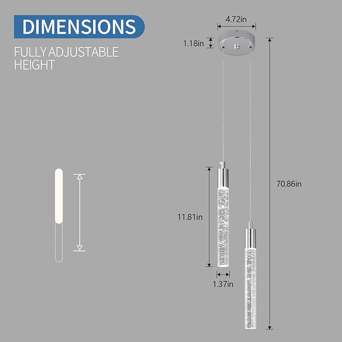Modern Light Fixture Kitchen Island Pendant Light Dimmable LED Chrome Pendant Lights Mini Crystal Pendant Lighting for Bedroom Dining Room Living Room（2-Light ）