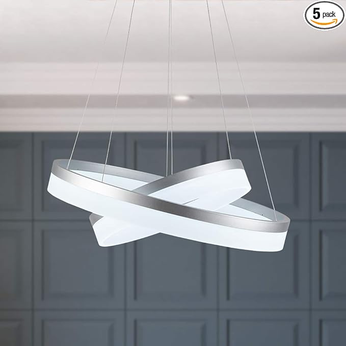 LED Silver Chandeliers Modern Pendant Light, 2 Rings Dimmable Chandelier Lighting Fixture for Living Room Bedroom Kitchen Island Resturant Dining Room 6000K Cool White