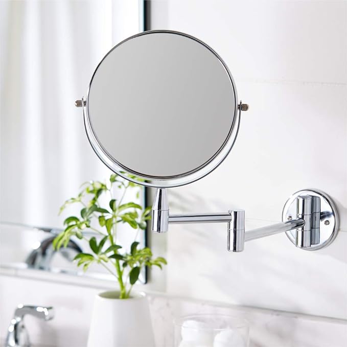Amazon Basics Wall Mount Round Vanity Magnifying Bathroom Mirror, 1X/5X Magnification, 12.8"L x 10"W, Chrome