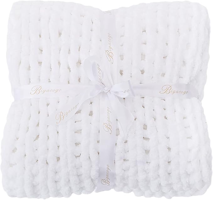 Bigacogo Chunky Knit Throw Blanket for Couch, 40x60 inches, 100% Hand Knitted with Thick Jumbo Chenille Yarn, Cozy Soft Large Rope Knot Cable Crochet Blankets for Sofa Bed Living Room, White