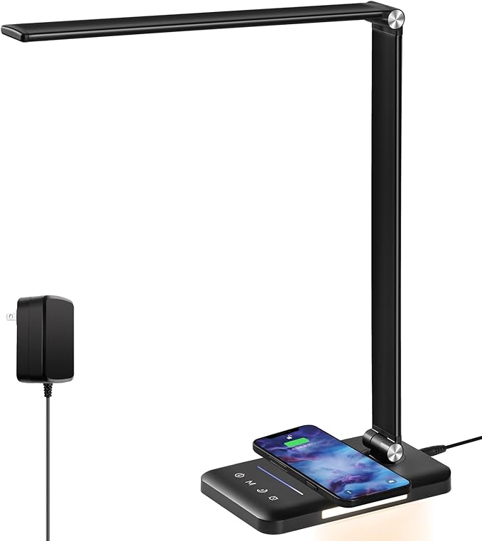 LED Desk Lamp with Wireless Charger, USB Charging Port, Night Light, 5 Color Modes, 10 Brightness, Eye Caring Reading Table Lamp for Home Office, Touch Control, Auto-Timer, Adapter Included