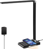 LED Desk Lamp with Wireless Charger, USB Charging Port, Night Light, 5 Color Modes, 10 Brightness, Eye Caring Reading Table Lamp for Home Office, Touch Control, Auto-Timer, Adapter Included