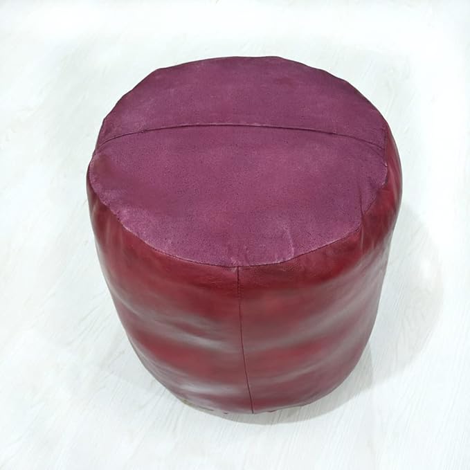 Round Shaped Goat Leather Handmade Eco-Friendly Dark Pink Pouf - 18" x 18" x 18", Plain Solid, Recycled Foam With Fibre Fill Stuffed, PF12