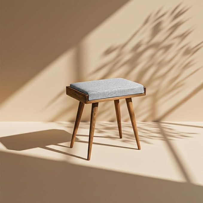 Walnut Ottoman Stool for Living Room | Upholstered in Crowbar Pattern Fabric | Versatile as a Piano Bench | Ideal Bedroom Bench | Functional Footstool Bench