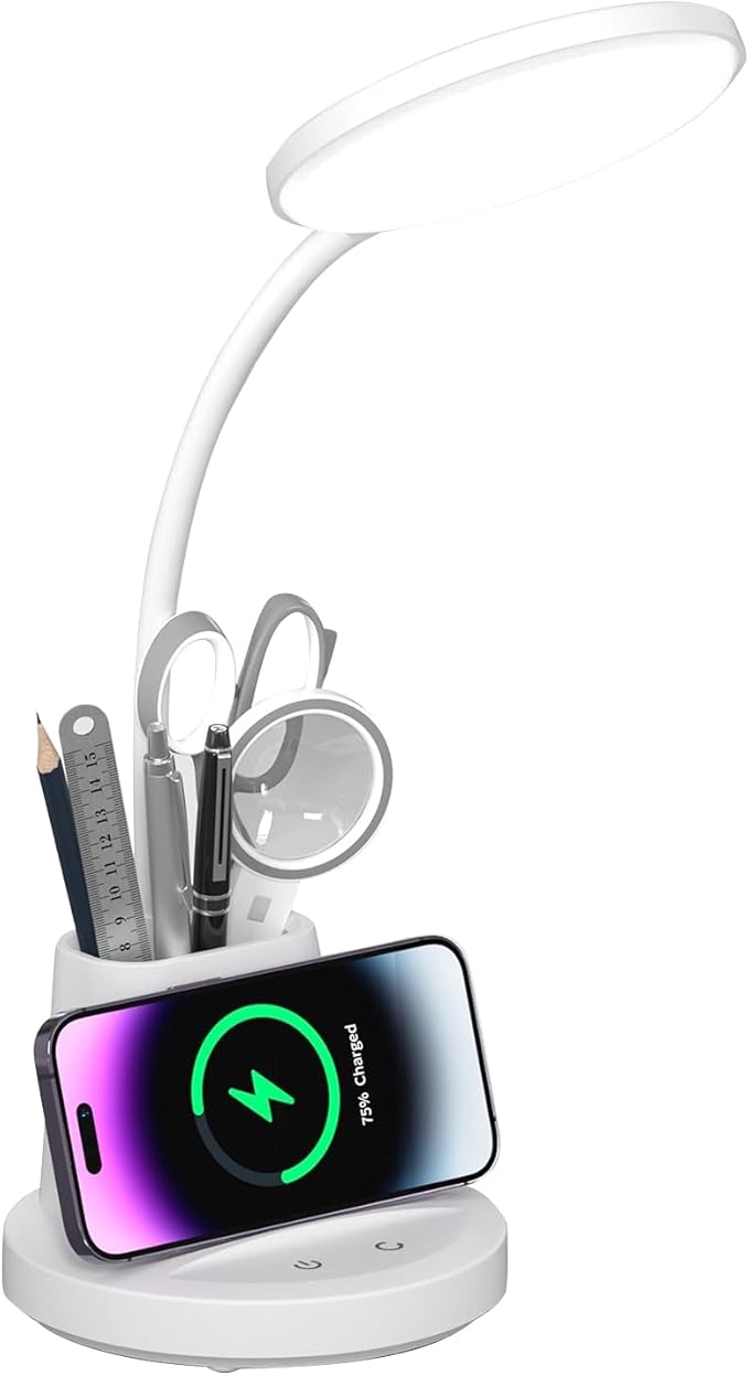Desk Lamp for Home Office, LED Desk Lamp with Wireless Charger Pen Phone Holder, Dimmable Desk Light 3 Color Modes, College Dorm Study Lamp for College Dorm, CRI 90 800 Lumen