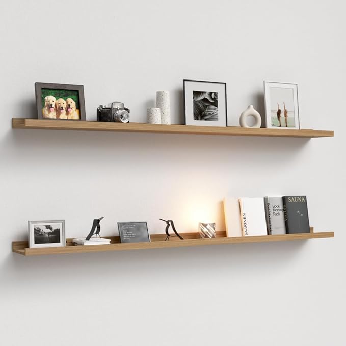 55.1 Inches Long Floating Shelves, 2 Set Rustic Wall Shelf for Bedroom, Nursery Book Shelf with Lip, Picture Ledge Shelf for Living Room, Bathroom, Kitchen - Oak