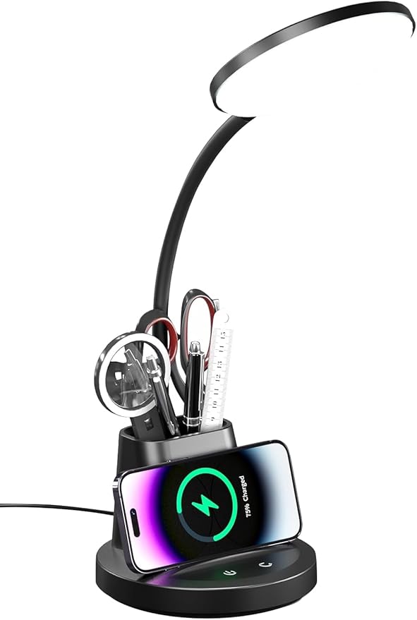 Desk Lamp with Wireless Charger, LED Desk Lamp for Home Office with Pen Holder, Dimmable Eye-Caring Study Desk Light Flexible Arm 3 Color Modes for College Dorm, 800 Lumens CRI 90