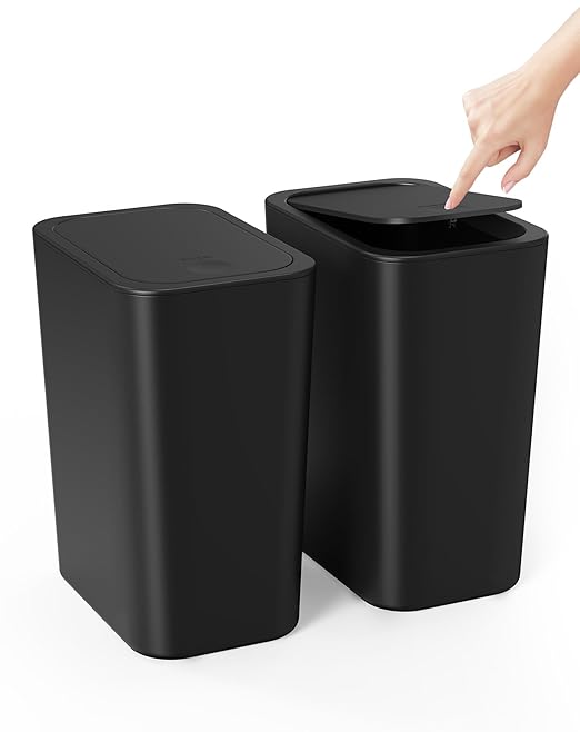 Cesun Bathroom Trash Can with Lid, 2 Pack 2.6 Gallon Small Black Garbage Can, Press Top Lid Trash Bin, Dog Proof Trash Cans Plastic Waste Basket for Bedroom Toilet Office