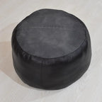 PF12 Goat Leather Handmade Eco-Friendly Black Pouf - Round Shape, 21" x 21" x 12", Plain Solid, Recycled Cotton Filled