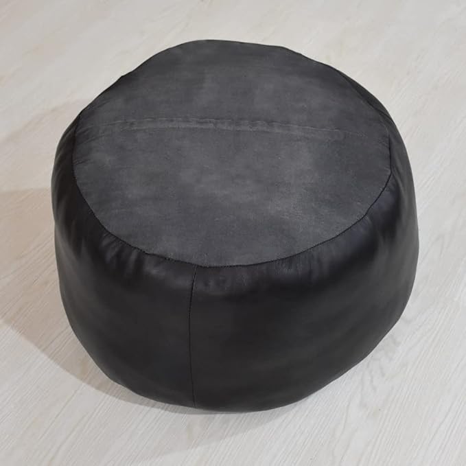 PF12 Goat Leather Handmade Eco-Friendly Black Pouf - Round Shape, 21" x 21" x 12", Plain Solid, Recycled Cotton Filled