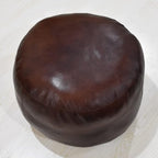 PF12 Round Shaped Goat Leather Handmade Eco-Friendly Brown Pouf - 21" x 21" x 12", Plain Solid, Recycled Cotton Filled