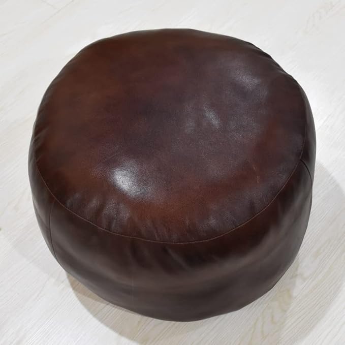 PF12 Round Shaped Goat Leather Handmade Eco-Friendly Brown Pouf - 21" x 21" x 12", Plain Solid, Recycled Cotton Filled