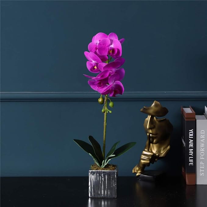 Artificial Real Touch Phalaenopsis Orchid Flowers Arrangement in Silver Ceramic Pot for Home Decor Centerpieces, Purple Red