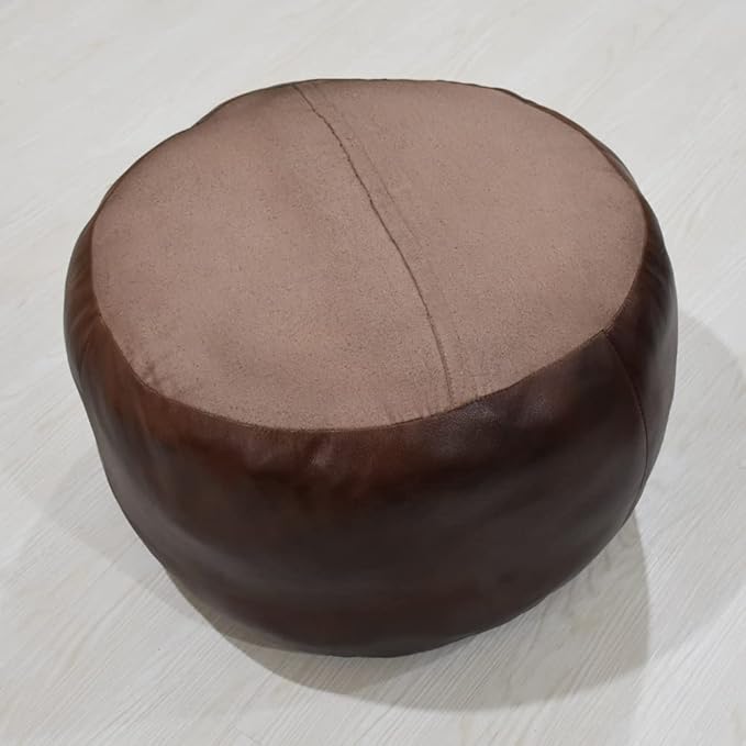 PF12 Round Shaped Goat Leather Handmade Eco-Friendly Brown Pouf - 21" x 21" x 12", Plain Solid, Recycled Cotton Filled