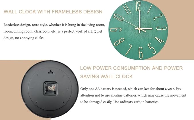 Wall Clock, Silent Clock, Wall Clocks Battery Operated， 12 inch Modern Wall Clock, Suitable for Offices, Living Rooms, Kitchens, Homes, Schools (Grass Green Without Second Hand)