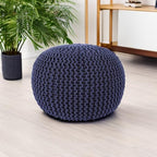 REDEARTH Round Pouf Foot Stool Bean Bag Ottoman - Cable Knitted Cord Boho Pouffe - Poof Accent Bean Bag - Handmade by Artisans for Living Room - Bedroom (19.5"x19.5"x14") - Navy Blue