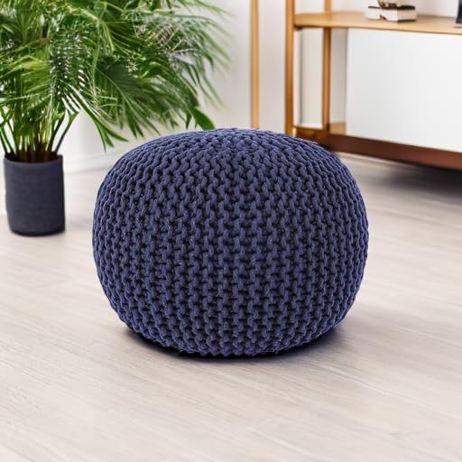 REDEARTH Round Pouf Foot Stool Bean Bag Ottoman - Cable Knitted Cord Boho Pouffe - Poof Accent Bean Bag - Handmade by Artisans for Living Room - Bedroom (19.5"x19.5"x14") - Navy Blue