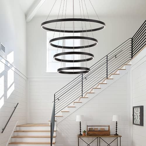 Large Modern Chandelier, 15.7"-31.4" Ring Chandelier LED Black Chandelier, 3000K High Ceiling Chandelier with 4 Ring, Large Chandeliers for High Ceiling Foyer Office
