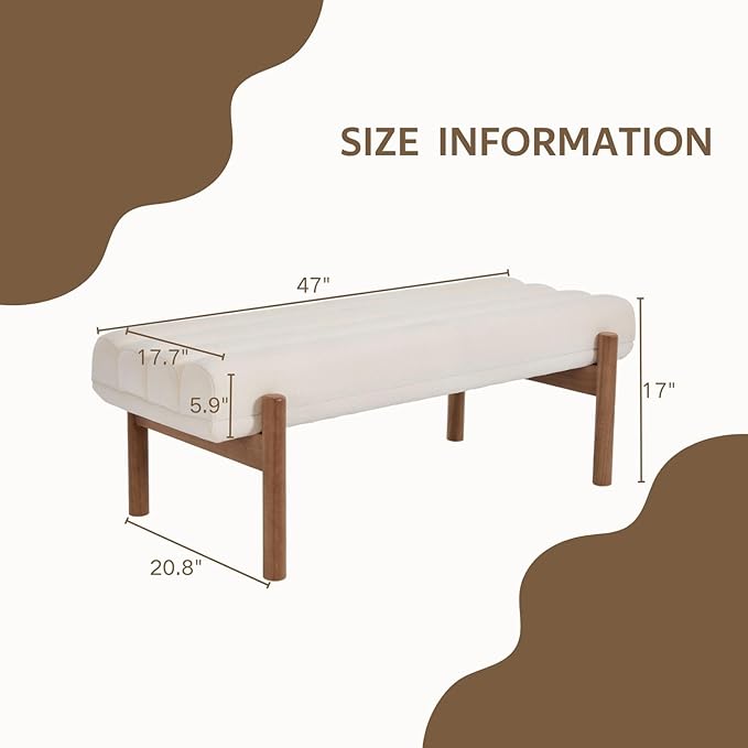 White Modern Bench Upholstered End of Bed Bench Chenille Fabric Bedroom Bench for Entryway Living Room Vanity Makeup Room, 47" Long, Wooden Legs