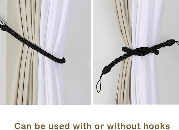 BEL AVENIR Curtain Tiebacks Ropes Tie-Backs, Handmade Curtain Holdbacks (Black, 2pack)