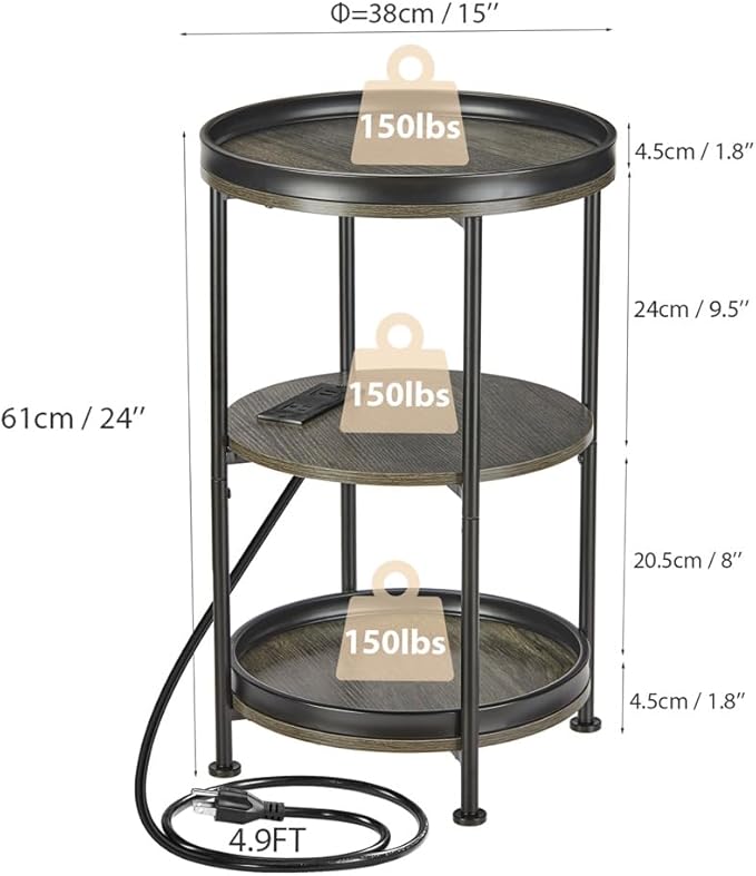 Dulcii Round Side Table with Charging Station, End Table with 3 Shelves for Living Room, Bedroom Nightstand with Steel Frame for Small Spaces, Industrial Round Sofa Table (USB+Grey)