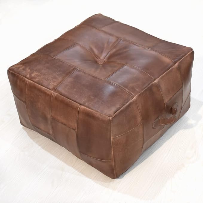 Square Shaped Buffalo Leather Handmade Eco-Friendly Brown Pouf - Square Pouf, 21"x21"x12", Plain Solid Pouf, Buffalo Leather Pouf, Recycled foam with fibre Filled Stuffed Pouf, Seating Pouf PF25