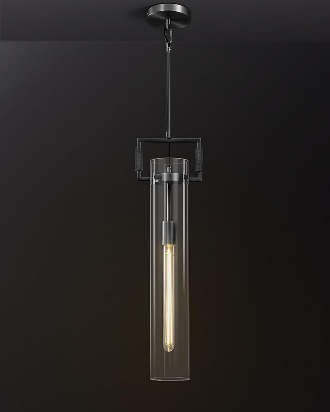 Modern Black Pendant Light, 21.6'' kitchen pendant lighting over island, Adjustable Height Glass Pendant Light Fixtures Large Pendant Lights Kitchen Island, for Dinning Room Farmhouse Bedroom Bathroom