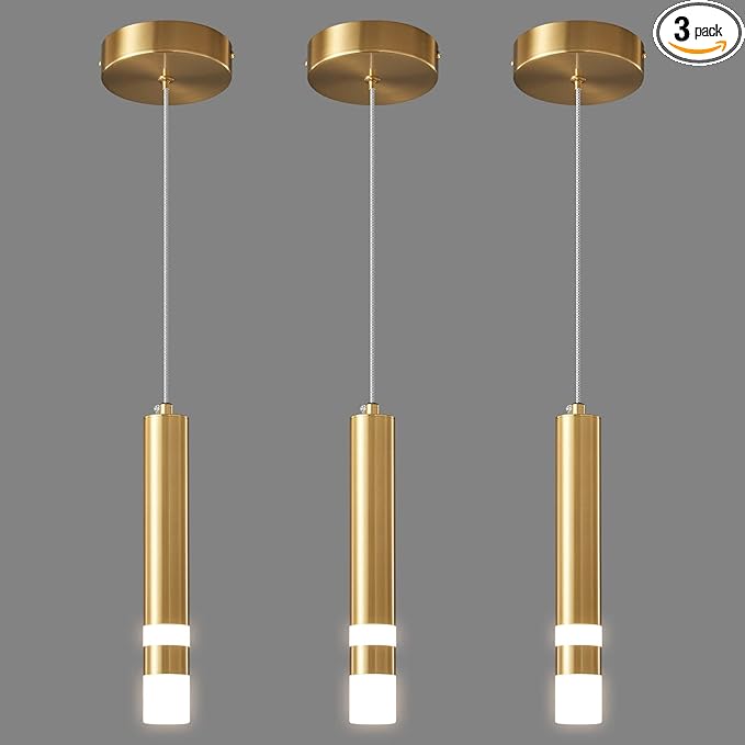 Modern Pendant Light Kitchen Fixture Dimmable LED Gold Mini Pendant Lighting fo Kitchen Island Bedroom Bedside Table Small Pendant Lights (3-Pack)