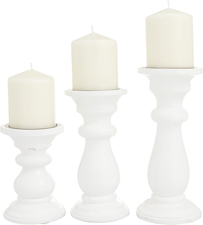 Deco 79 Mango Wood Turned Style Pillar Candle Holder, Set of 3 10", 8", 6"H, White