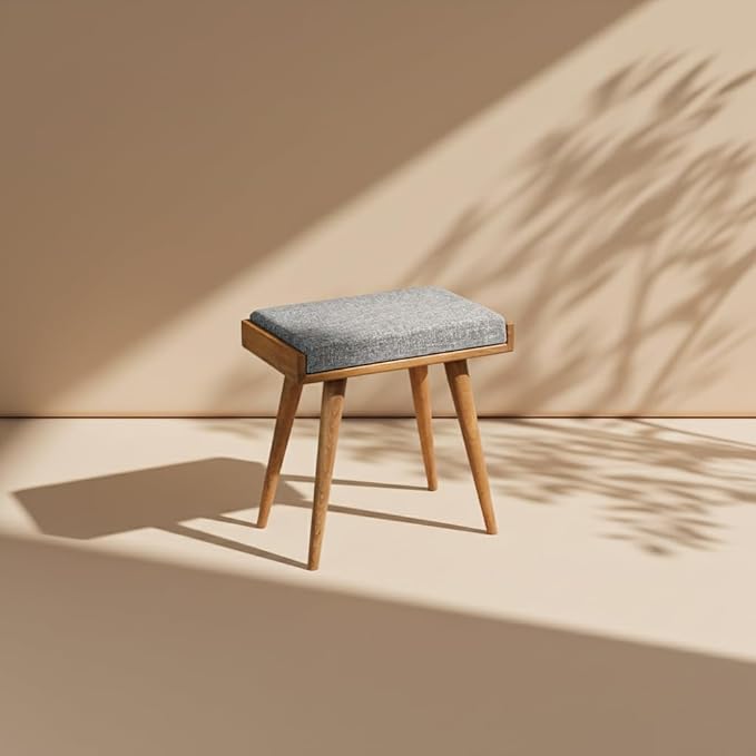 Walnut Ottoman Stool for Living Room | Upholstered in Gray Pattern Fabric | Versatile as a Piano Bench | Ideal Bedroom Bench | Functional Footstool Bench