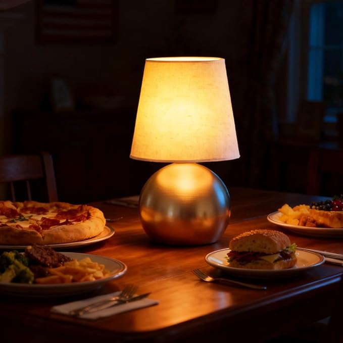 Set of 2 Small Gold Spherical Base Bedside Table Lamp with Textured Linen Shade (Bulb Included)