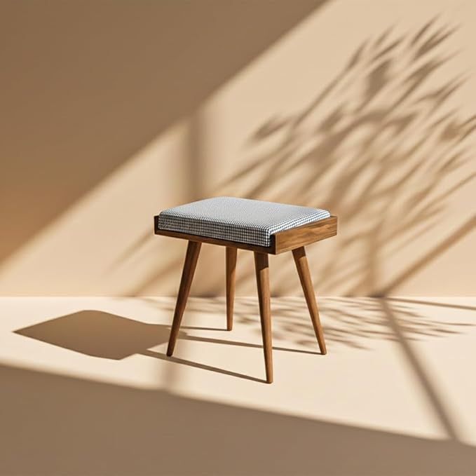 Walnut Ottoman Stool for Living Room | Upholstered in Crowbar Pattern Fabric | Versatile as a Piano Bench | Ideal Bedroom Bench | Functional Footstool Bench